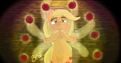 Size: 5000x2616 | Tagged: safe, artist:bow2yourwaifu, applejack, earth pony, pony, apple, chill, enlightenment, food, overwatch, peace, solo, that pony sure does love apples, zenyatta