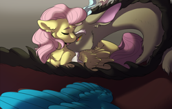 Size: 1900x1204 | Tagged: safe, artist:yuyusunshine, discord, fluttershy, draconequus, pegasus, pony, cheek fluff, chest fluff, discoshy, ear fluff, eyes closed, female, male, mare, shipping, size difference, straight