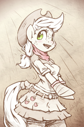 Size: 600x900 | Tagged: safe, artist:assasinmonkey, applejack, anthro, unguligrade anthro, arm hooves, bandana, clothes, cowboy hat, cute, freckles, hat, jackabetes, monochrome, open mouth, solo, stetson