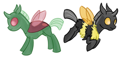 Size: 738x360 | Tagged: safe, artist:starlight-gaze, artist:tiitha, oc, oc only, bee, changedling, changeling, beeling, bumblebee, changeling oc, duo, green changeling, hilarious in hindsight, simple background, white background, yellow changeling