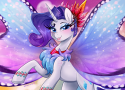 Size: 2771x2000 | Tagged: safe, artist:kaikururu, rarity, pony, unicorn, sonic rainboom (episode), blushing, butterfly wings, cute, ear piercing, eyeshadow, female, glimmer wings, high res, looking at you, makeup, mare, outfit, piercing, raised hoof, raribetes, solo, wings