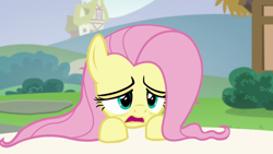 Size: 640x360 | Tagged: safe, screencap, fluttershy, pegasus, pony, every little thing she does, exhausted, hangover, solo