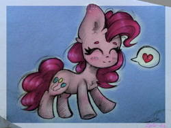 Size: 1024x768 | Tagged: safe, artist:zefirka, pinkie pie, earth pony, pony, eyes closed, smiley face, solo