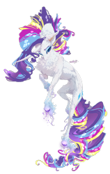 Size: 902x1425 | Tagged: safe, artist:maggephah, rarity, classical unicorn, pony, unicorn, body fluff, cloven hooves, colored hooves, curved horn, horn, leonine tail, lidded eyes, multicolored hair, rainbow power, signature, simple background, smiling, solo, transparent background, unshorn fetlocks