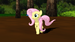 Size: 1366x768 | Tagged: safe, artist:ricochetrebound, fluttershy, butterfly, pegasus, pony, 3d, forest, mmd, solo