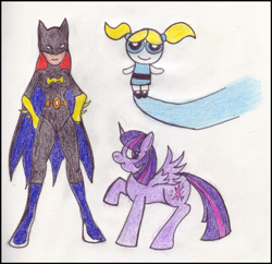 Size: 569x550 | Tagged: safe, artist:rdk, derpibooru import, twilight sparkle, twilight sparkle (alicorn), alicorn, pony, batgirl, female, mare, tara strong, the powerpuff girls, traditional art, voice actor, voice actor joke