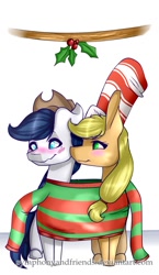 Size: 613x1057 | Tagged: safe, artist:xxmissteaxx, applejack, oc, oc:constance everheart, earth pony, pony, blushing, canon x oc, clothes, everjack, floppy ears, holly, holly mistaken for mistletoe, kissing, shared clothing, shipping, simple background, sitting, white background