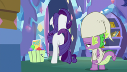 Size: 1920x1080 | Tagged: safe, screencap, rarity, spike, dragon, pony, unicorn, dragon dropped, butt, clothes, nightgown, plot, winged spike