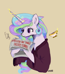 Size: 953x1085 | Tagged: safe, artist:icecreamsandwich12, princess celestia, alicorn, pony, ponyville confidential, bust, cakelestia, clothes, cup, cute, cutelestia, magic, newspaper, robe, solo, teacup, telekinesis