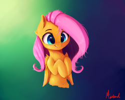 Size: 2500x2000 | Tagged: safe, artist:miokomata, fluttershy, pegasus, pony, belly button, bust, cute, cute little fangs, fangs, female, folded wings, freckles, gradient background, hooves to the chest, looking at you, mare, portrait, shyabetes, signature, smiling, solo, wings