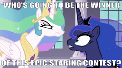 Size: 666x372 | Tagged: safe, edit, edited screencap, editor:undeadponysoldier, screencap, princess celestia, princess luna, alicorn, pony, a royal problem, angry, canterlot throne room, crown, female, intense, intense stare, jewelry, looking at each other, mare, meme, regalia, royal sisters, sibling rivalry, staring contest, tired