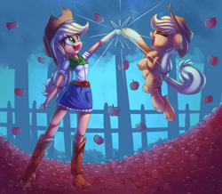 Size: 2000x1742 | Tagged: safe, artist:discorded, applejack, equestria girls, apple, apple tree, clothes, cowboy hat, cute, denim skirt, eyes closed, fence, freckles, fruit, hat, human ponidox, jackabetes, open mouth, self ponidox, skirt, solo, stetson, that pony sure does love apples, tree