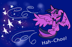 Size: 1095x720 | Tagged: artist needed, safe, derpibooru import, twilight sparkle, twilight sparkle (alicorn), alicorn, pony, dream, female, flying, magic, mare, night, sneezing, stars, wings