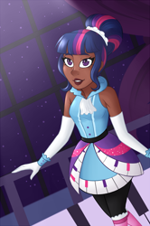 Size: 1000x1510 | Tagged: safe, artist:emberfan11, derpibooru import, twilight sparkle, equestria girls, friendship through the ages, rainbow rocks, clothes, dark skin, solo