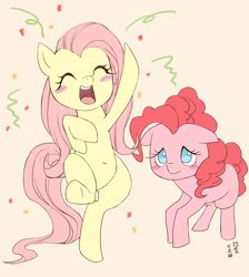 Size: 1000x1118 | Tagged: safe, artist:yanamosuda, fluttershy, pinkie pie, earth pony, pony, belly button, bipedal, body swap, cute, diapinkes, duo, eyes closed, female, kinetic contrast, mare, open mouth, out of character, personality swap, shyabetes, smiling