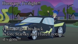 Size: 1024x576 | Tagged: safe, flash sentry, equestria girls, car, flash sentry's car, solo, starsky and hutch, stealing, text edit