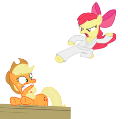 Size: 822x766 | Tagged: safe, apple bloom, applejack, earth pony, pony, abuse, clothes, gi, incoming, jackabuse, karate, kick, martial arts, robe, this will end in pain, trousers, white belt