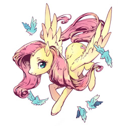 Size: 450x450 | Tagged: safe, artist:kutty-sark, fluttershy, bird, pegasus, pony, female, flying, looking at you, mare, pixiv, simple background, smiling, solo, spread wings, white background, wings