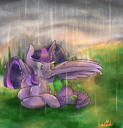 Size: 2400x2500 | Tagged: safe, artist:manfartwish, derpibooru import, spike, twilight sparkle, twilight sparkle (alicorn), alicorn, dragon, pony, female, mama twilight, mare, rain, sleeping, spikelove, wing umbrella