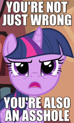 Size: 360x600 | Tagged: safe, derpibooru import, screencap, twilight sparkle, twilight sparkle (alicorn), alicorn, pony, three's a crowd, caption, female, frown, image macro, looking at you, mare, meme, open mouth, reaction image, solo, unamused, vulgar