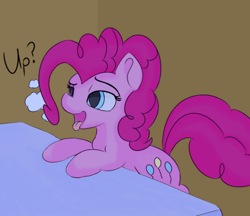 Size: 850x736 | Tagged: safe, artist:treekickerdraws, pinkie pie, earth pony, pony, bed, breath, bronybait, solo, upsies