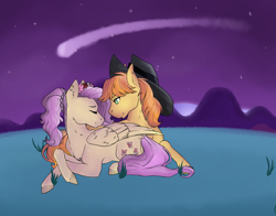 Size: 1024x801 | Tagged: safe, artist:uniquecolorchaos, braeburn, fluttershy, pegasus, pony, braeshy, female, hat, male, night, prone, shipping, straight