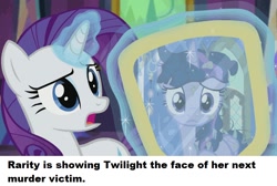 Size: 766x514 | Tagged: safe, derpibooru import, rarity, twilight sparkle, twilight sparkle (alicorn), alicorn, pony, unicorn, castle sweet castle, bertstrips, dirty, meme, mirror, murderer, ponestrip, rarity's mirror, text