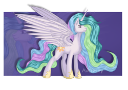 Size: 4961x3508 | Tagged: safe, artist:avafury, princess celestia, alicorn, pony, chest fluff, female, mare, signature, smiling, solo, spread wings, wings