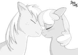 Size: 1502x1065 | Tagged: safe, artist:brainsucks, big macintosh, cheerilee, earth pony, pony, cheerimac, male, monochrome, nuzzling, shipping, simple background, stallion, straight, white background