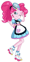 Size: 650x1333 | Tagged: safe, artist:gihhbloonde, artist:niightlydark, pinkie pie, coinky-dink world, eqg summertime shorts, equestria girls, alternate hairstyle, carhop, female, one eye closed, rollerblades, server pinkie pie, shading, simple background, solo, transparent background, wink