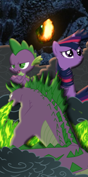 Size: 720x1440 | Tagged: safe, artist:neonglowlight, derpibooru import, spike, twilight sparkle, dragon, kaiju, pony, unicorn, crossover, godzilla, godzilla (series), godzilla final wars, spikezilla