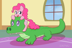 Size: 1000x667 | Tagged: safe, artist:empyu, gummy, pinkie pie, alligator, earth pony, pony, cute, diapinkes, female, mare, plushie, ponies riding gators, riding, smiling