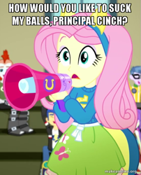 Size: 551x683 | Tagged: safe, fluttershy, eqg summertime shorts, equestria girls, steps of pep, eric cartman, image macro, megaphone, meme, south park, south park: bigger longer and uncut, vulgar