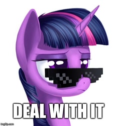 Size: 460x490 | Tagged: safe, artist:1nakir1, derpibooru import, twilight sparkle, 8-bit, deal with it, frown, glasses, image macro, meme, solo, sunglasses, swag, unamused