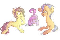 Size: 1095x730 | Tagged: safe, artist:amy-defy, flash sentry, oc, colt, filly, male, playing, simple background, younger