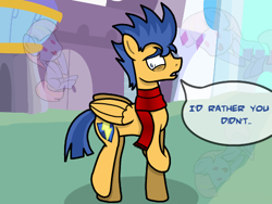 Size: 500x375 | Tagged: safe, artist:flashsentrysartwork, flash sentry, oc, clothes, embarrassed, nervous, scarf, speech bubble