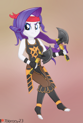 Size: 2213x3277 | Tagged: safe, artist:tabrony23, rarity, equestria girls, axe, bandana, commission, feet, patreon, patreon logo, solo, weapon