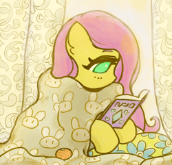 Size: 2000x1928 | Tagged: safe, artist:sigpi, fluttershy, pegasus, pony, blanket, book, cozy, cute, female, hoof hold, mare, reading, shyabetes, solo