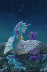 Size: 800x1207 | Tagged: safe, artist:maytee, princess celestia, twilight sparkle, unicorn twilight, alicorn, pony, unicorn, fanfic:que sera sera, duo, fanfic art, female, hug, mare, momlestia, winghug