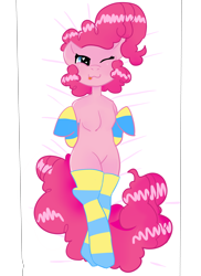 Size: 4000x5500 | Tagged: safe, artist:kiwiscribbles, pinkie pie, earth pony, pony, :3, absurd resolution, body pillow, body pillow design, clothes, female, heart eyes, kneesocks, mare, on back, one eye closed, socks, solo, striped socks, tongue out, wingding eyes, wink