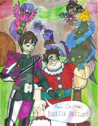 Size: 633x819 | Tagged: safe, artist:gojira007, derpibooru import, clover the clever, twilight sparkle, oc, oc:bookish delight, elf, christmas, christmas tree, clothes, costume, crossover, hat, kamen rider, merry christmas, santa costume, santa hat, scarf, traditional art, tree, vanellope von schweetz, wreck-it ralph