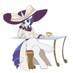 Size: 2048x2048 | Tagged: safe, artist:hosikawa, rarity, pony, unicorn, ppov, bow, clothes, coat, crossed legs, cup, cute, ear piercing, earring, female, hat, high res, jewelry, looking at you, mare, piercing, raribetes, raristocrat, rose dewitt bukater, seat, simple background, sitting, solo, table, teacup, titanic, white background, wip