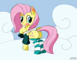 Size: 2106x1641 | Tagged: safe, artist:taurson, fluttershy, pegasus, pony, blushing, clothes, cloud, jacket, plot, socks, solo, striped socks