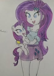 Size: 2403x3351 | Tagged: safe, artist:danmakuman, artist:thatfan18, rarity, pony, unicorn, equestria girls, holding a pony, human ponidox, redraw, self ponidox, square crossover, traditional art