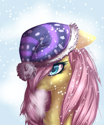 Size: 2500x3000 | Tagged: safe, artist:midnightdream123, fluttershy, pegasus, pony, bust, chest fluff, female, hair over one eye, high res, mare, portrait, snow, snow cap, snowfall, solo