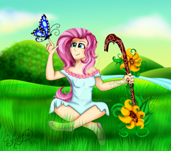 Size: 1024x900 | Tagged: safe, artist:shamy-crist, fluttershy, butterfly, human, clothes, dress, flower, humanized, solo, staff, watermark