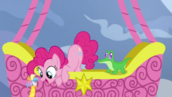 Size: 1280x720 | Tagged: safe, screencap, gummy, pinkie pie, pony, not asking for trouble, ambassador badge, hot air balloon, twinkling balloon