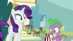 Size: 1920x1080 | Tagged: safe, screencap, rarity, spike, dragon, pony, unicorn, dragon dropped, female, horn, male, mare