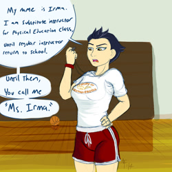 Size: 1400x1400 | Tagged: safe, artist:aa, giselle, irma, griffon, human, basketball, big breasts, breasts, clothes, female, griffon team, gym uniform, humanized, short hair, shorts, solo, speech bubble, t-shirt, whistle, wristband