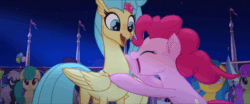Size: 960x400 | Tagged: safe, screencap, pinkie pie, princess skystar, classical hippogriff, earth pony, hippogriff, pony, my little pony: the movie, animated, cute, diapinkes, female, gif, happy, hug, laughing, laughingmares.jpg, skyabetes, winghug